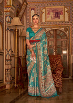 Rama Blue P V Silk Digital Print, Zari Work Printed Saree - Rewaa Parampara | Grocsy