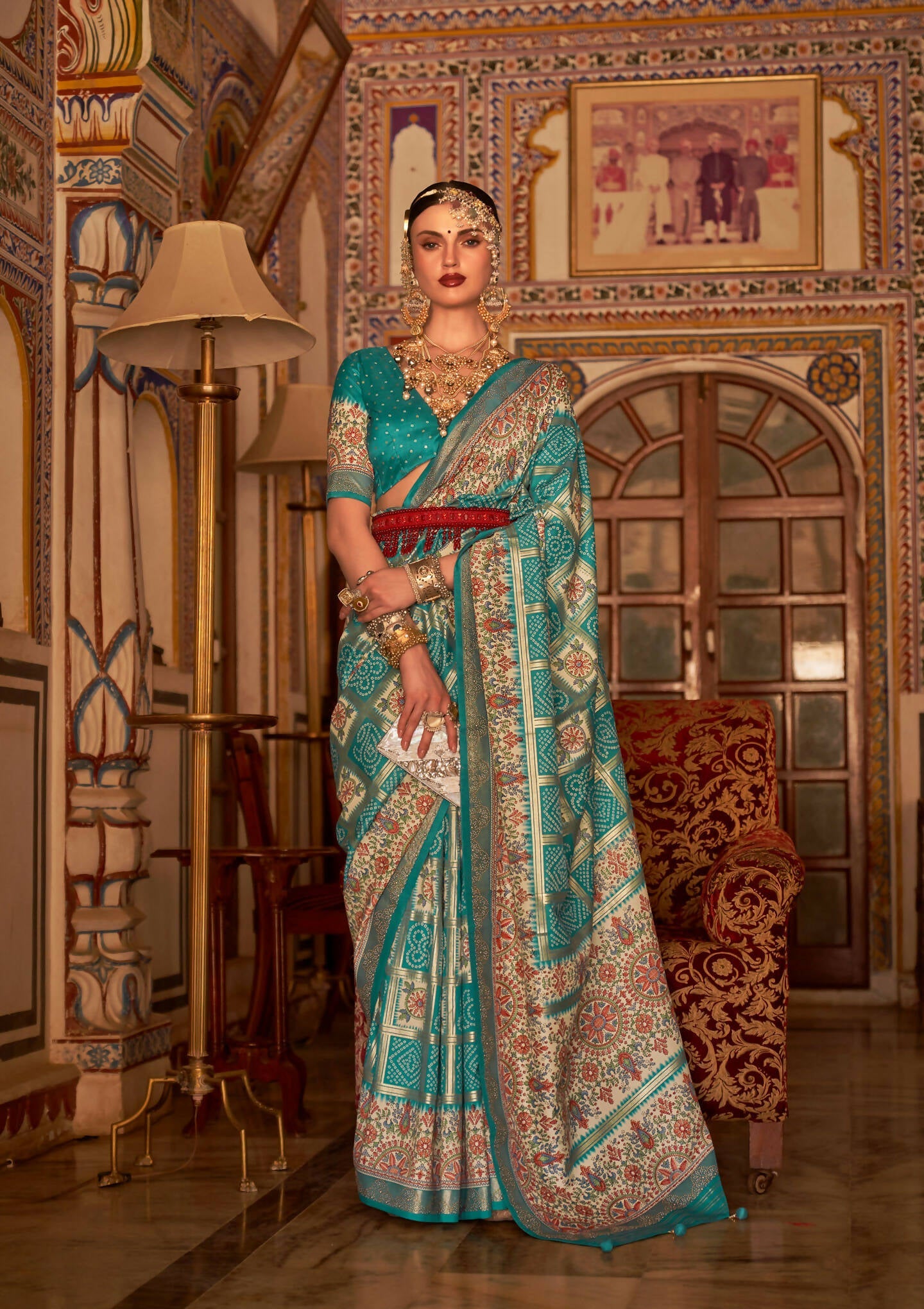 Rama Blue P V Silk Digital Print, Zari Work Printed Saree - Rewaa Parampara | Grocsy