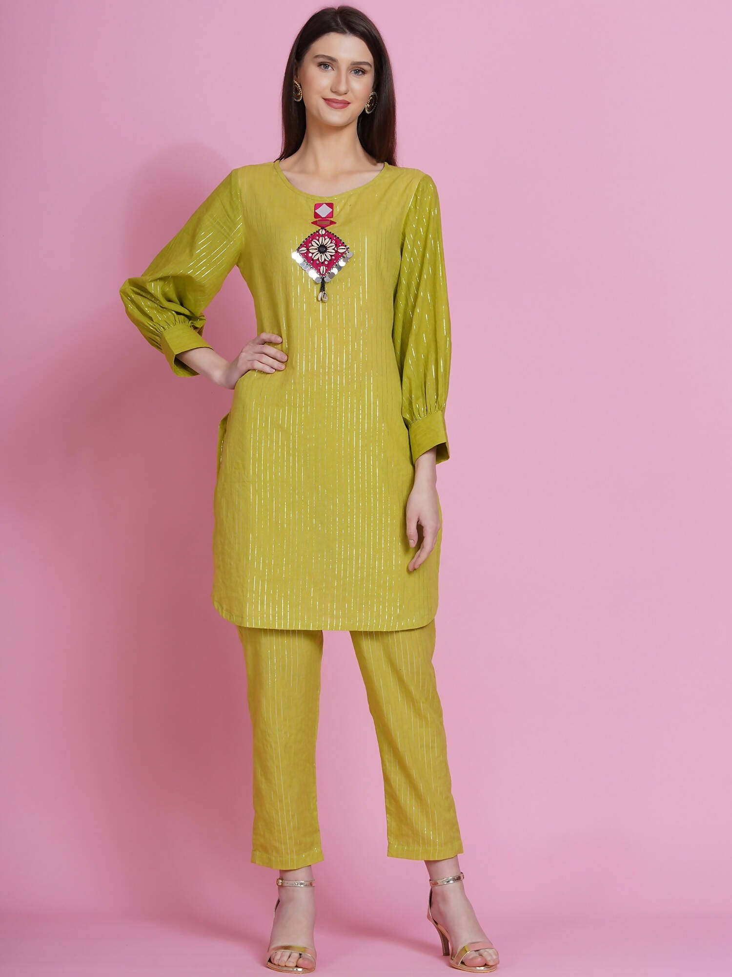 Women Republic Green Lurex Cotton Hand Embroidered Kurta With Pants | Grocsy