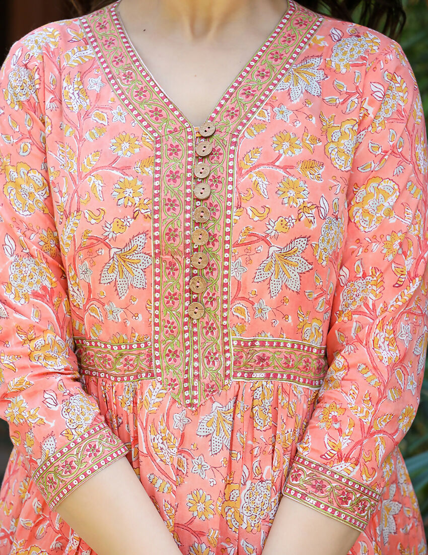 Kaajh Women's Light Orange Floral Handblock Printed Cotton Dress | Grocsy
