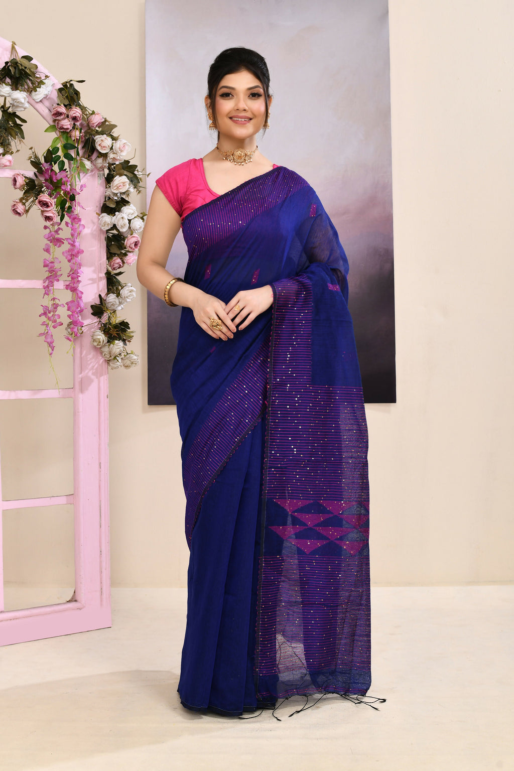 Piyari Fashion Women's Blue Sequins Embellished Cotton Blend Jamdani Saree | Grocsy