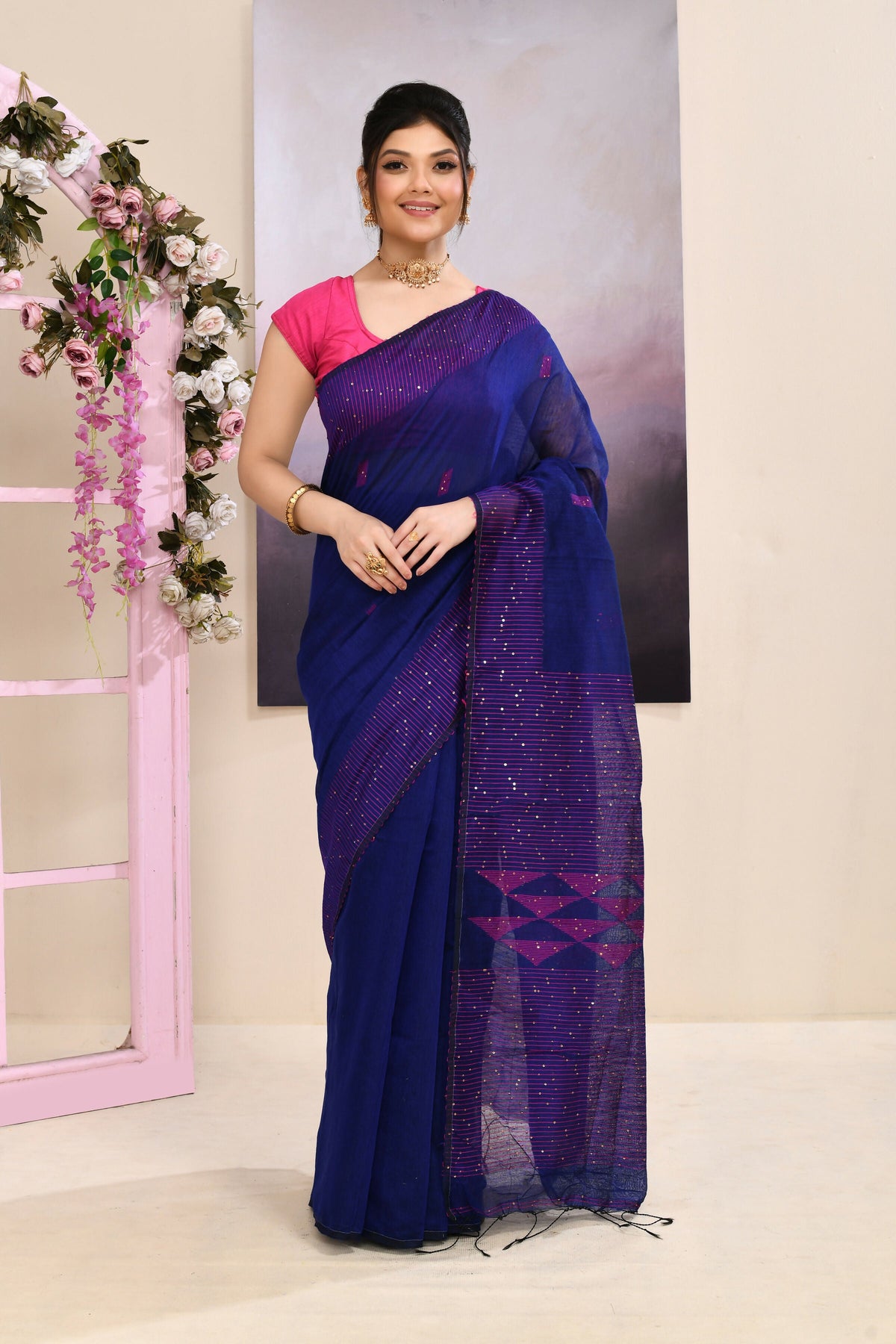 Piyari Fashion Women's Blue Sequins Embellished Cotton Blend Jamdani Saree | Grocsy