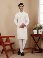 Off Whit Silk Designer Embroidery Work Men's Rajwadi Kurta Set - Mahotsav | Grocsy