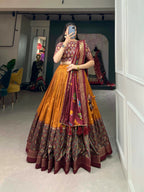 Vastranavya Stunning Look Tussar Silk Printed With Foil Work Indian Lehenga Choli - Mustard | Grocsy