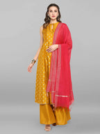 Janasya Women's Mustard Rayon Foil Print Kurti With Palazzo | Grocsy