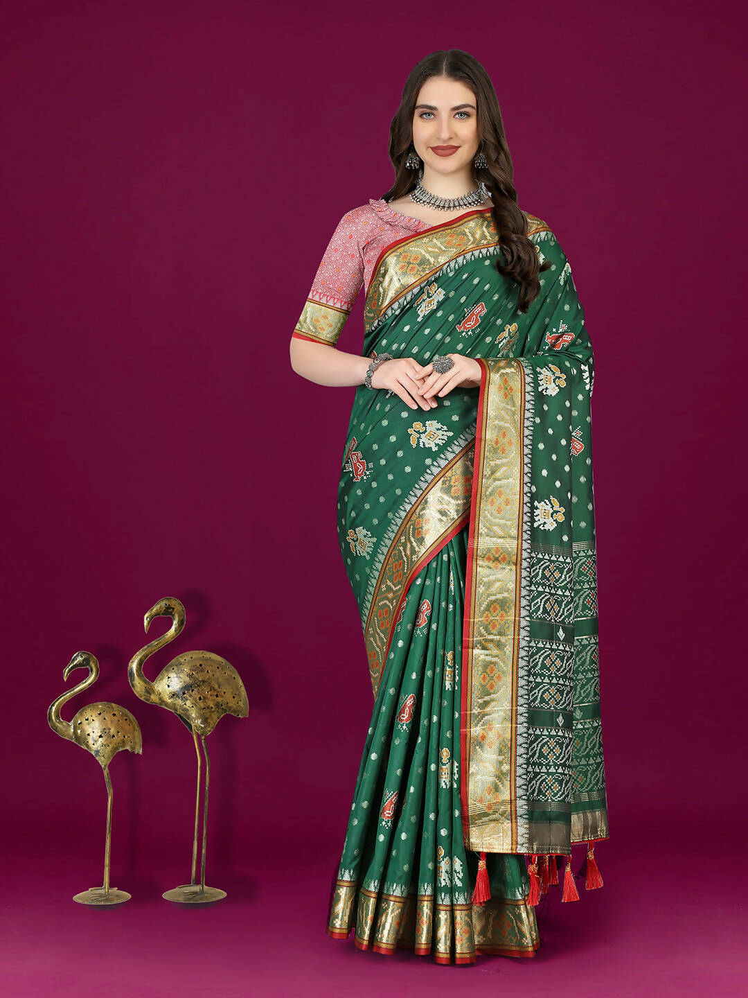 Lorenvalley Fashion Green Patola Silk Woven Design Zari Meenakari Weaving Saree | Grocsy