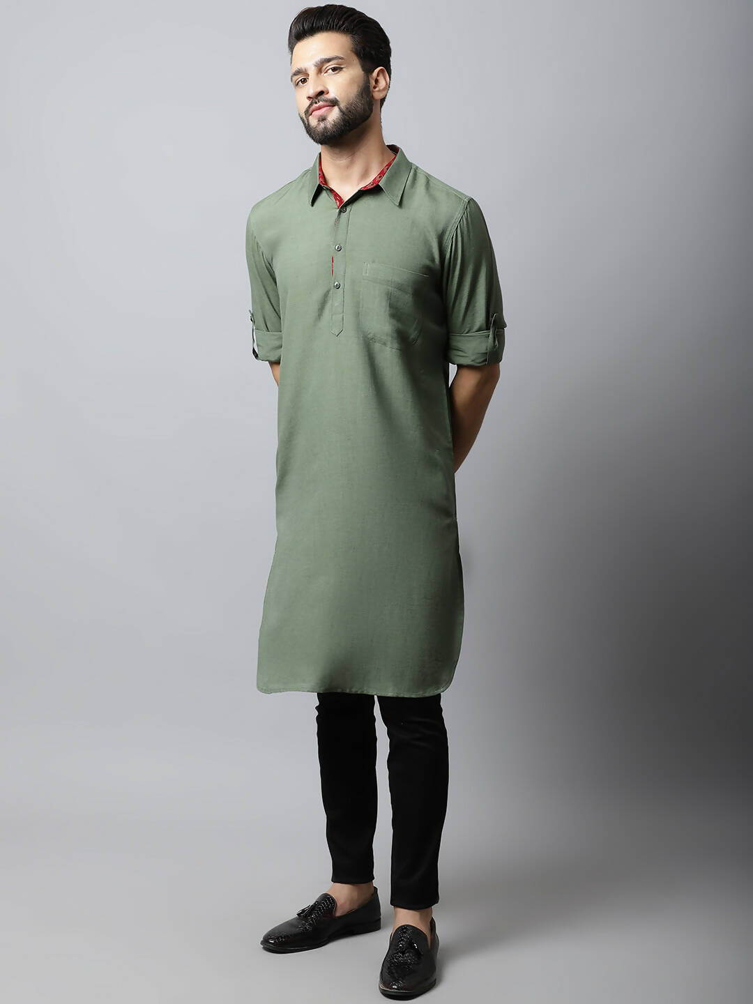 Even Apparels Green Color Linen Solid Men's Kurta With Shirt Collar (LN944) | Grocsy