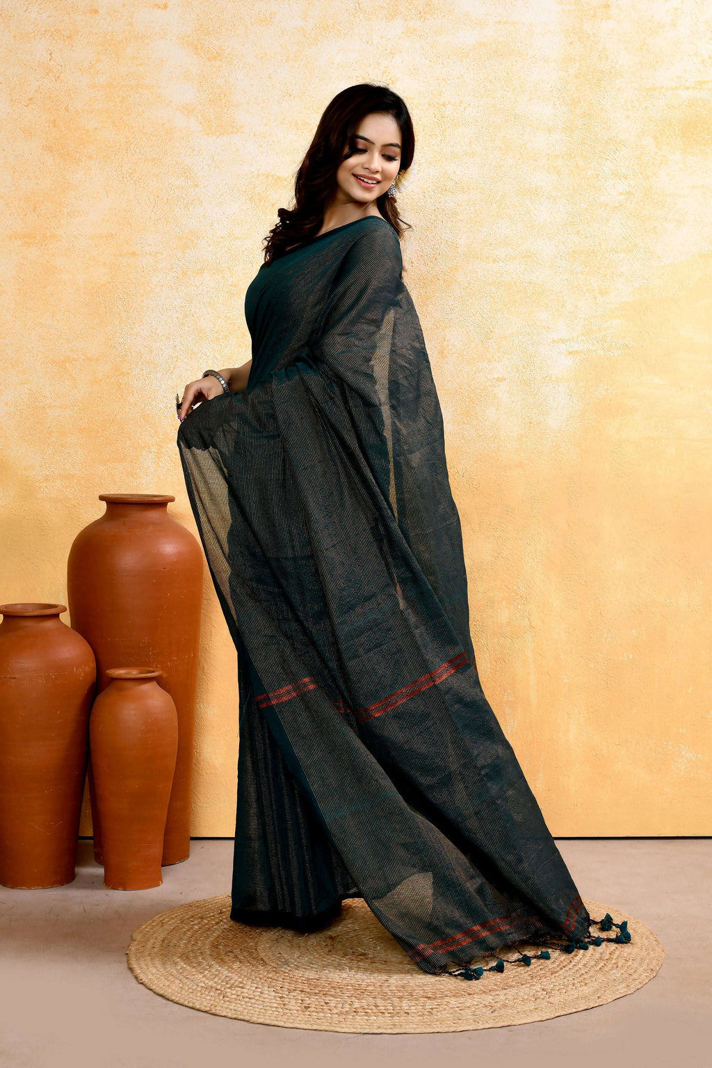 Piyari Fashion Women's Moss Green Embellished Cotton Blend Zari Check Handloom Saree | Grocsy