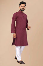 Men's Burgundy Striped Cotton Kurta - Mahotsav | Grocsy