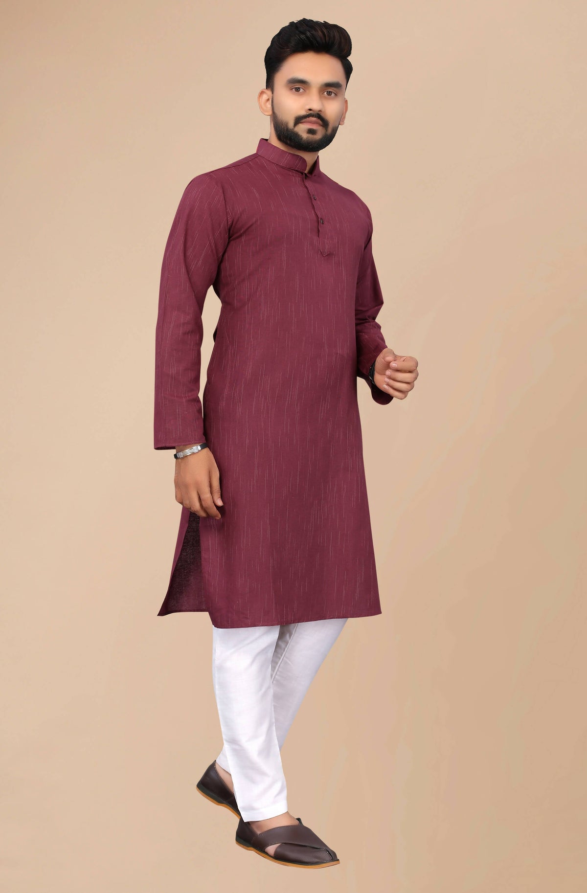 Men's Burgundy Striped Cotton Kurta - Mahotsav | Grocsy