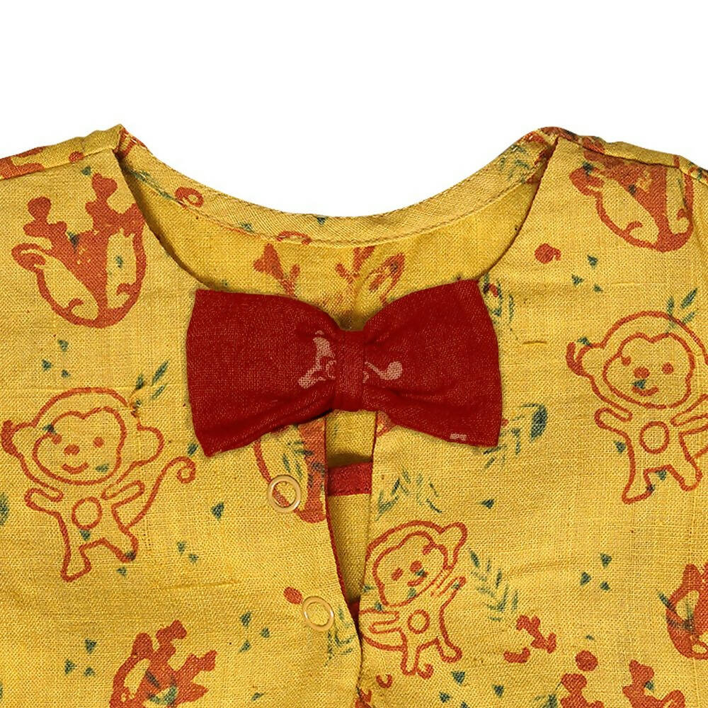 Mhyssa Puffed Sleeves A line Yellow and Red Printed Frock | Grocsy