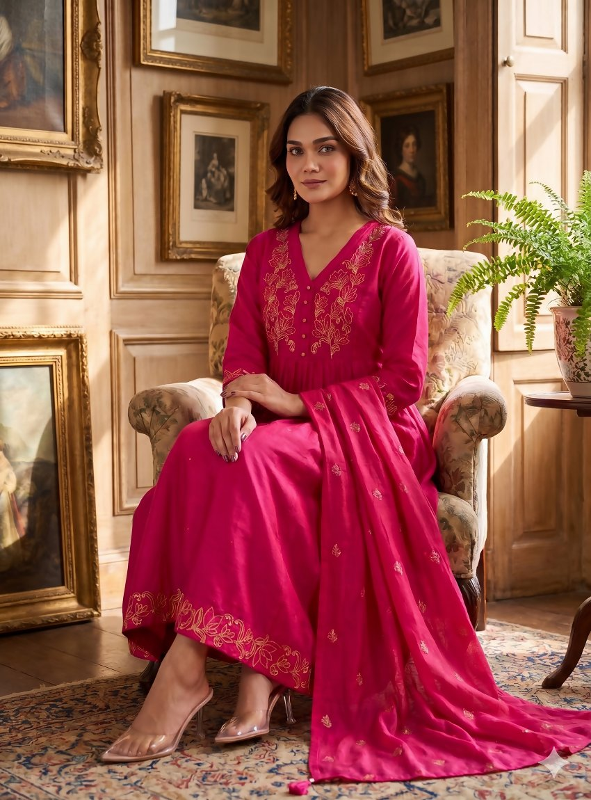 Teeya Creation Elegant Hot Pink Flared Anarkali Kurti And Dupatta Set For Women | Grocsy