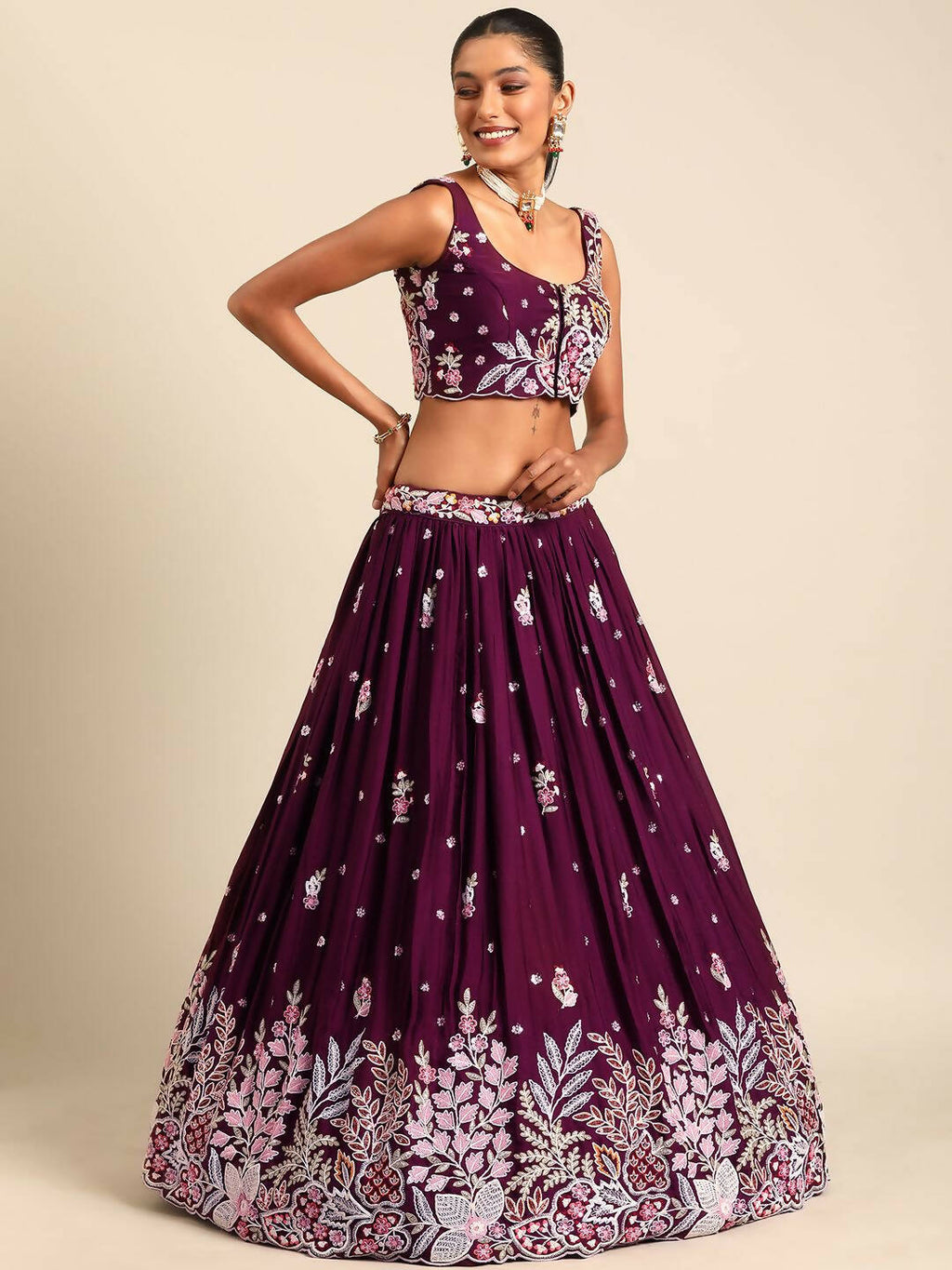 House of Panchhi Burgundy Georgette Sequins and thread embroidery Lehenga choli & Dupatta | Grocsy