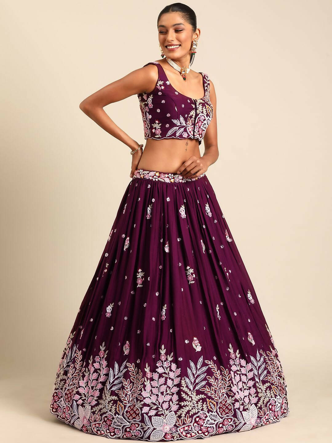 House of Panchhi Burgundy Georgette Sequins and thread embroidery Lehenga choli & Dupatta | Grocsy