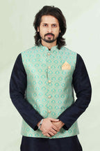 Raivat Ethnic Jacquard Banarasi Silk Woven Work 3 Pics Jacket Set In Pista Green Colour | Grocsy