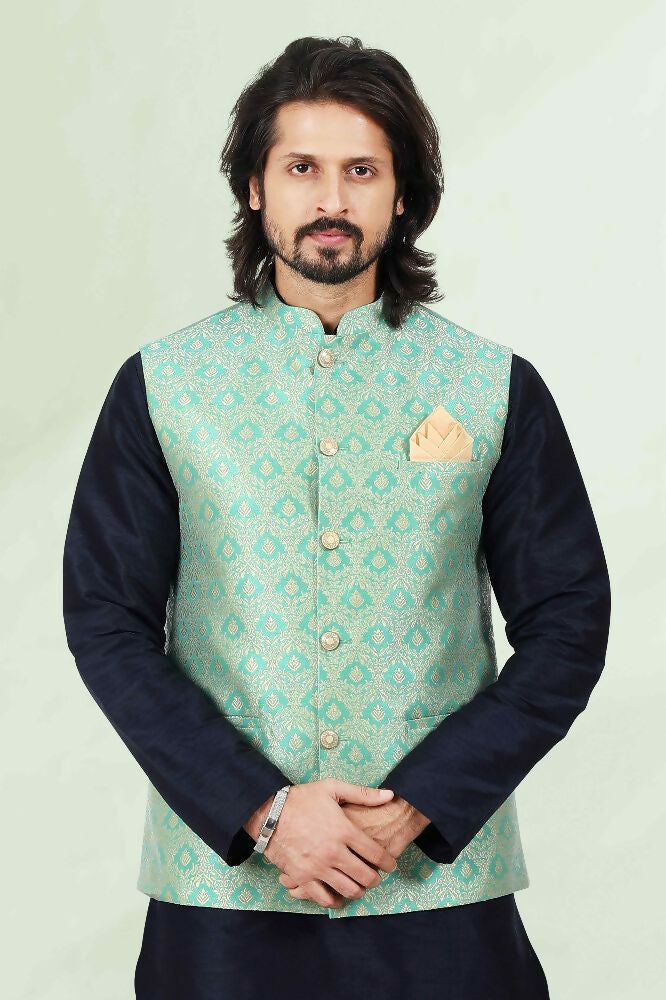 Raivat Ethnic Jacquard Banarasi Silk Woven Work 3 Pics Jacket Set In Pista Green Colour | Grocsy