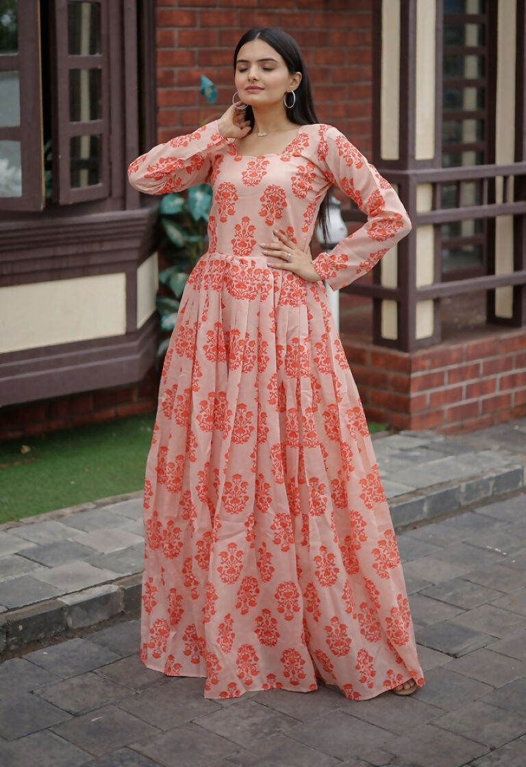 Jyoti Fashion Women's Peach Heavy Digital Printed Pure Chanderi Anarkali Dress | Grocsy