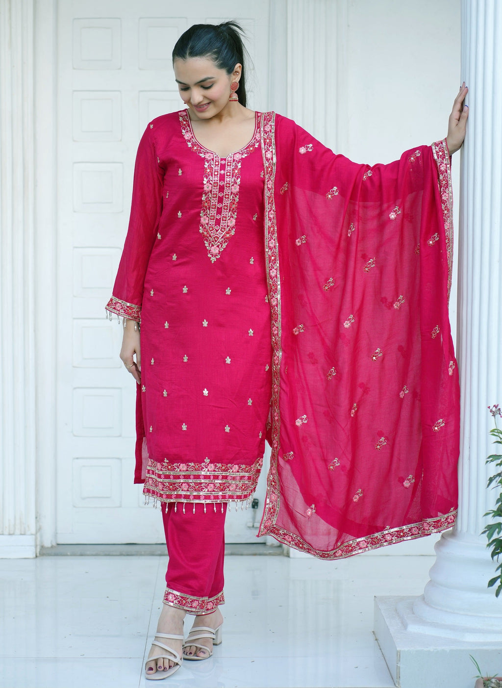 Lehenga Mart Designer Vichitra Suit With Sequence Embroidered Work - Pink | Grocsy