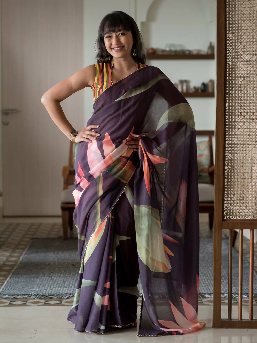 Suta Purple Floral Pure Cotton Saree | Grocsy