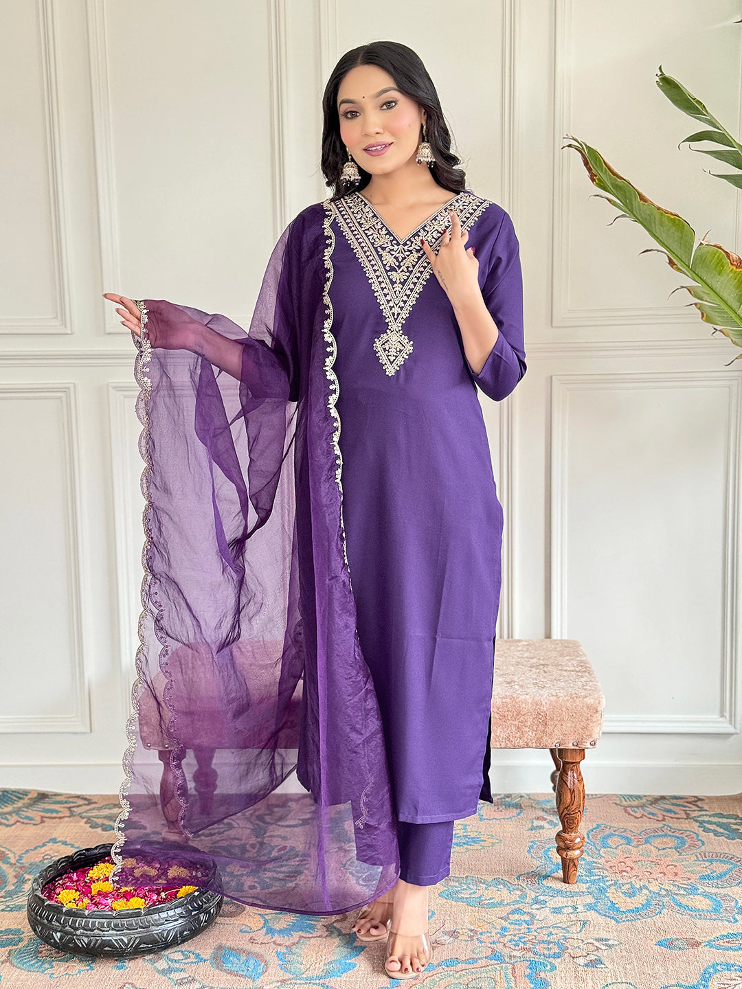 The52 Violet Rayon Slub Fabric Straight Kurta, Pant and Dupatta Set | Grocsy