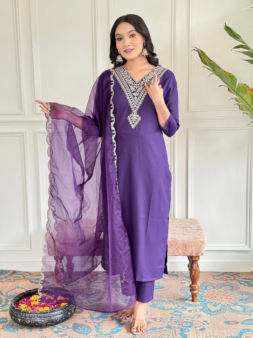 The52 Violet Rayon Slub Fabric Straight Kurta, Pant and Dupatta Set | Grocsy