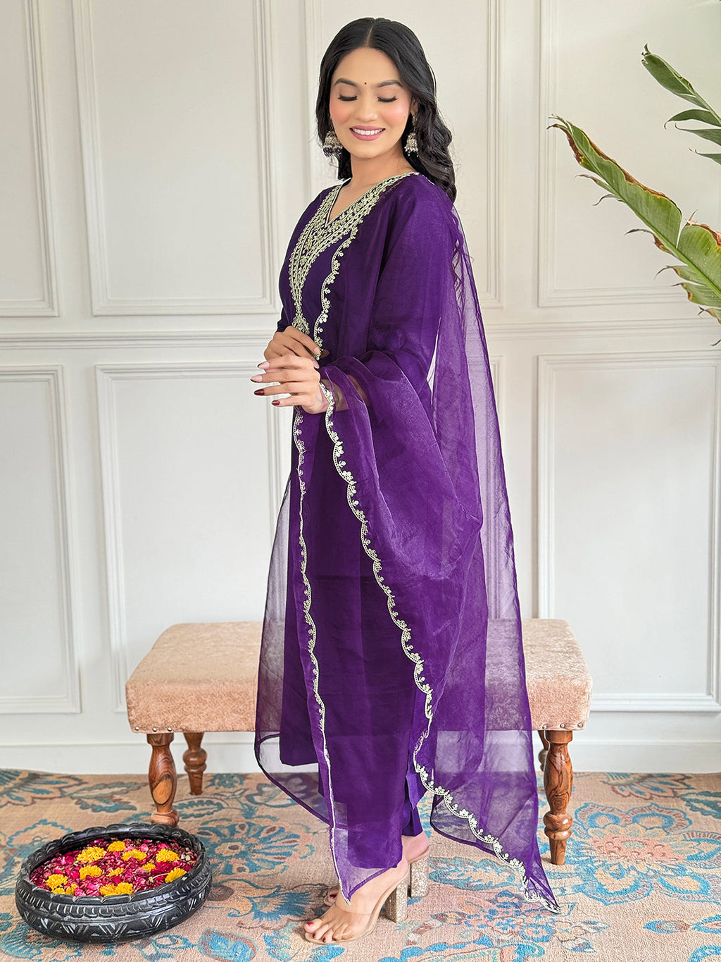 The52 Violet Rayon Slub Fabric Straight Kurta, Pant and Dupatta Set | Grocsy