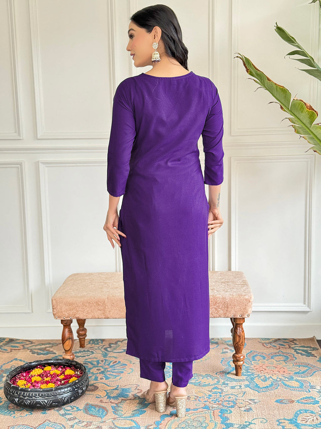 The52 Violet Rayon Slub Fabric Straight Kurta, Pant and Dupatta Set | Grocsy