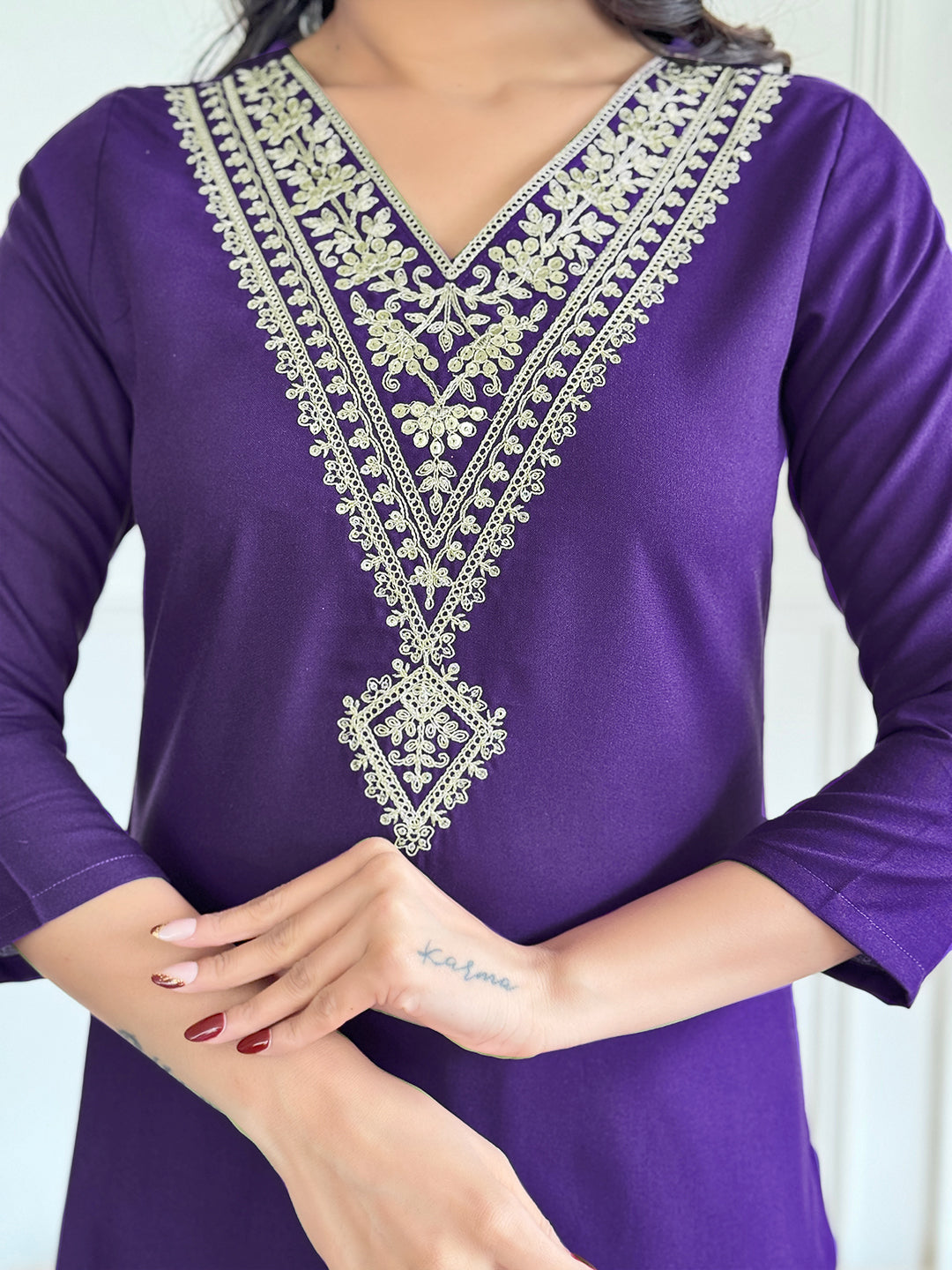 The52 Violet Rayon Slub Fabric Straight Kurta, Pant and Dupatta Set | Grocsy