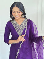The52 Violet Rayon Slub Fabric Straight Kurta, Pant and Dupatta Set | Grocsy