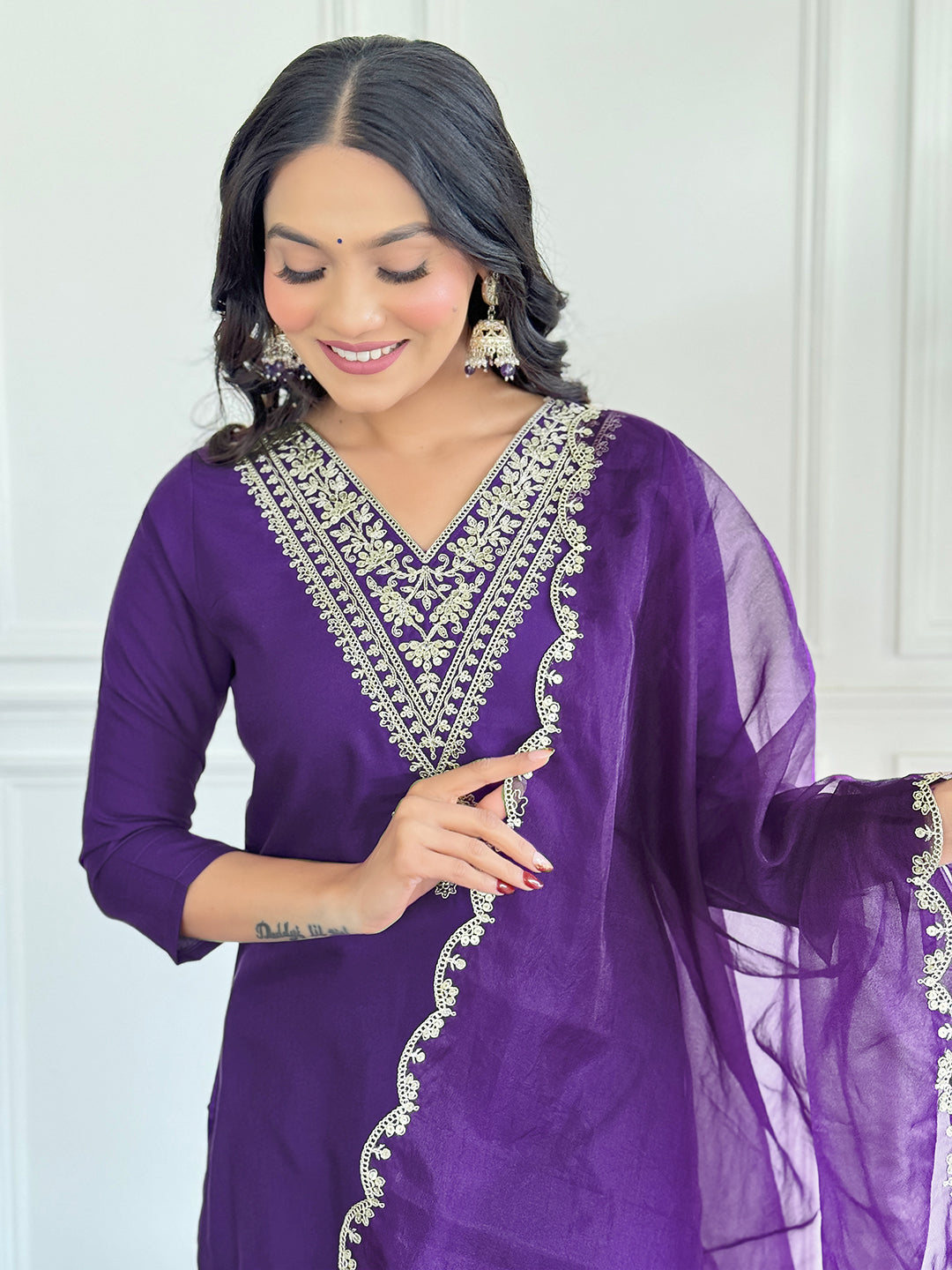 The52 Violet Rayon Slub Fabric Straight Kurta, Pant and Dupatta Set | Grocsy