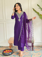 The52 Violet Rayon Slub Fabric Straight Kurta, Pant and Dupatta Set | Grocsy