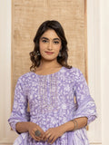 Yufta Violet Floral Print Anarkali Style Kurta And Trousers With Dupatta Set | Grocsy