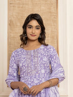 Yufta Violet Floral Print Anarkali Style Kurta And Trousers With Dupatta Set | Grocsy