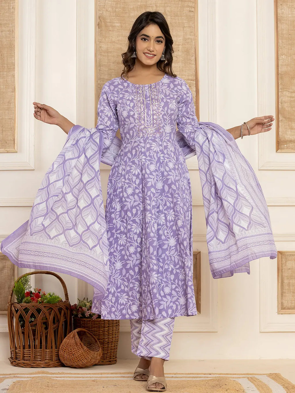 Yufta Violet Floral Print Anarkali Style Kurta And Trousers With Dupatta Set | Grocsy
