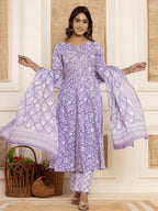 Yufta Violet Floral Print Anarkali Style Kurta And Trousers With Dupatta Set | Grocsy