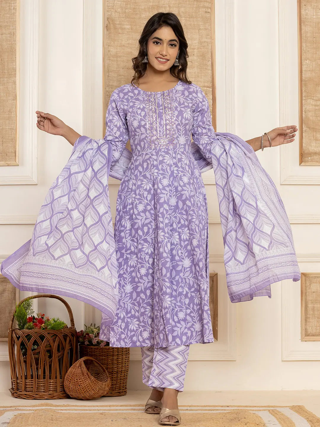 Yufta Violet Floral Print Anarkali Style Kurta And Trousers With Dupatta Set | Grocsy