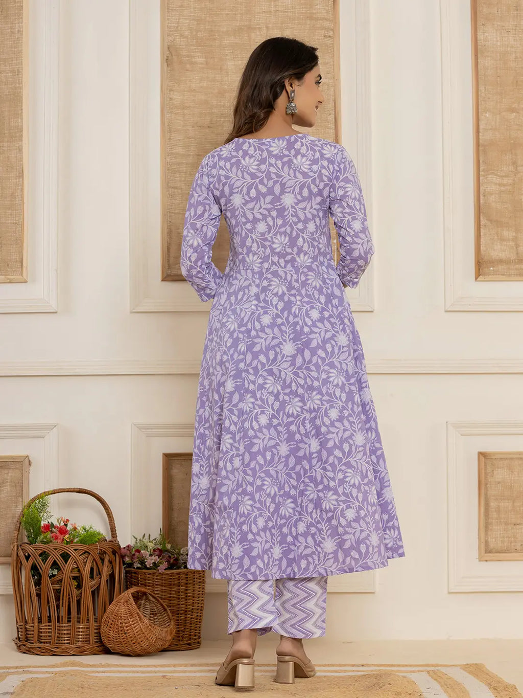 Yufta Violet Floral Print Anarkali Style Kurta And Trousers With Dupatta Set | Grocsy