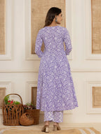 Yufta Violet Floral Print Anarkali Style Kurta And Trousers With Dupatta Set | Grocsy