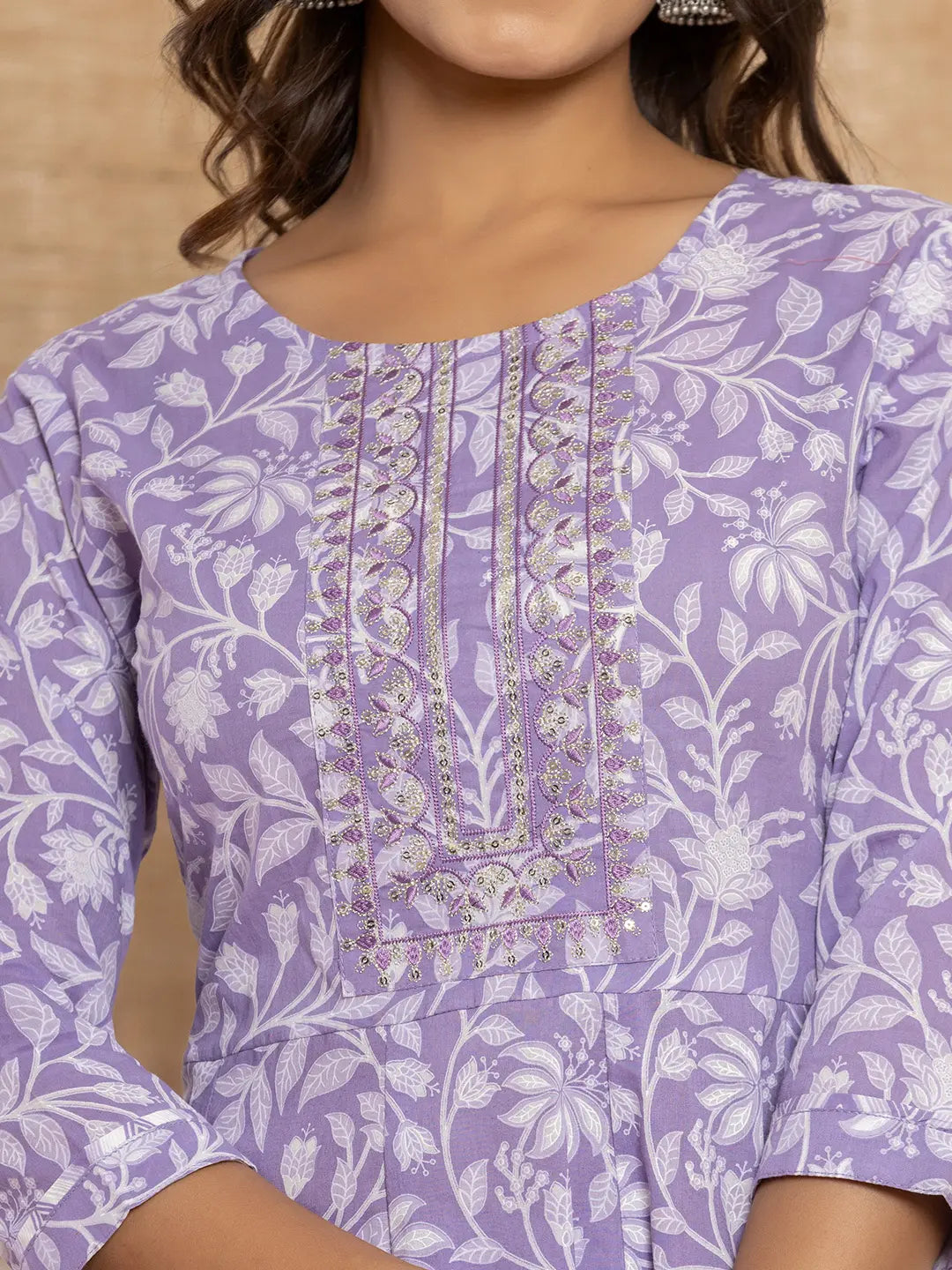 Yufta Violet Floral Print Anarkali Style Kurta And Trousers With Dupatta Set | Grocsy