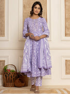 Yufta Violet Floral Print Anarkali Style Kurta And Trousers With Dupatta Set | Grocsy