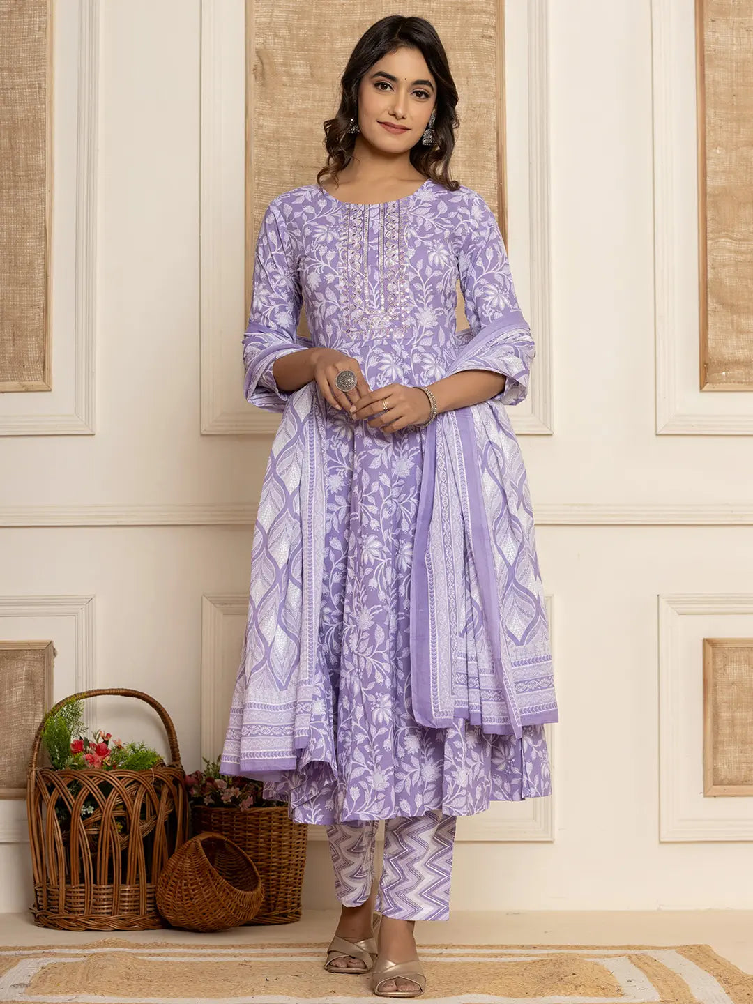 Yufta Violet Floral Print Anarkali Style Kurta And Trousers With Dupatta Set | Grocsy