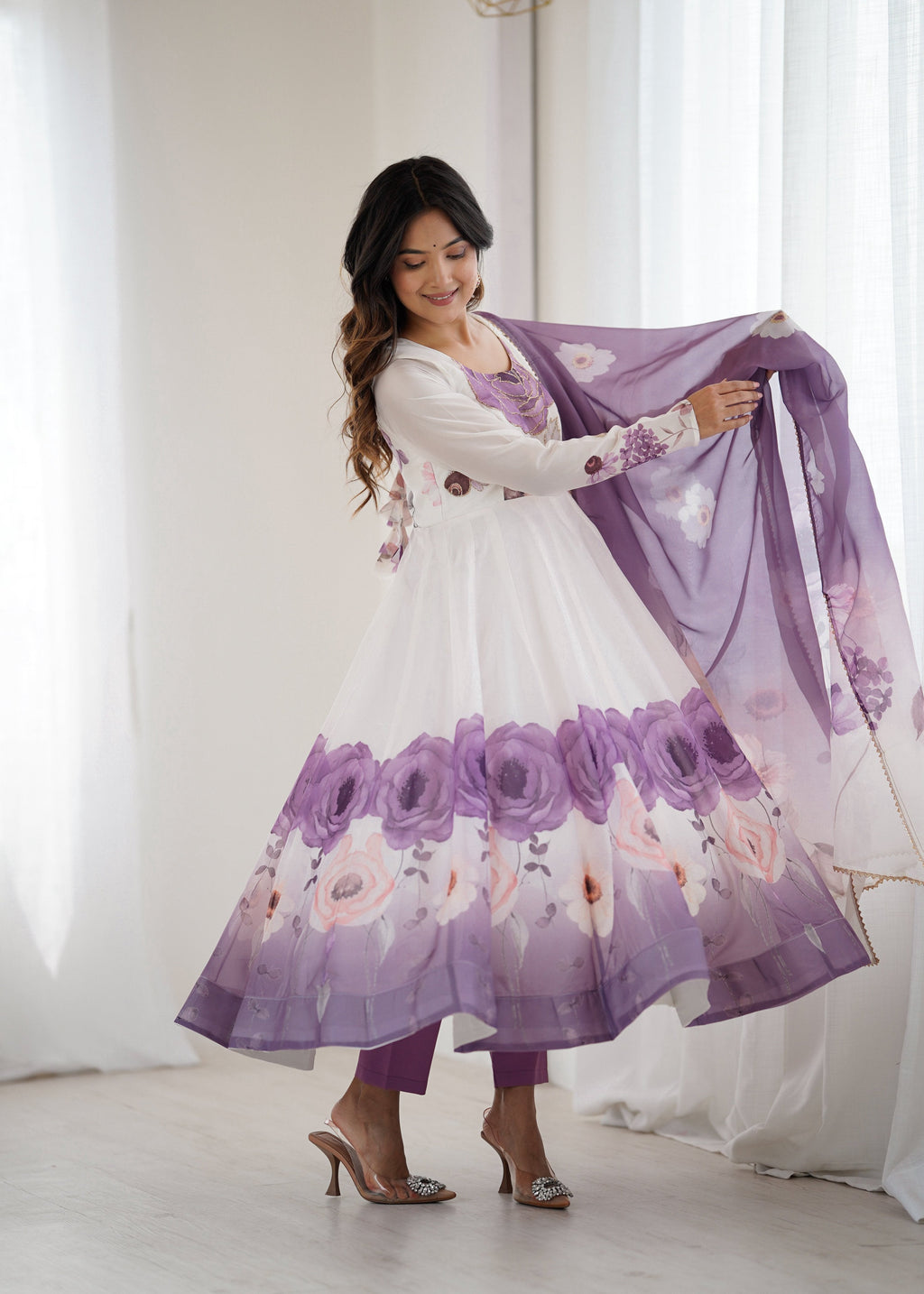 Lorenvalley Fashion Soft Organza Silk Front On Fancy Badla Jari Work Flower Position Print Outing Work Anarkali Kurta Pant With Dupatta Set | Grocsy