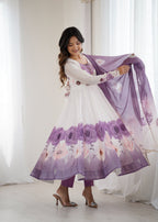 Lorenvalley Fashion Soft Organza Silk Front On Fancy Badla Jari Work Flower Position Print Outing Work Anarkali Kurta Pant With Dupatta Set | Grocsy