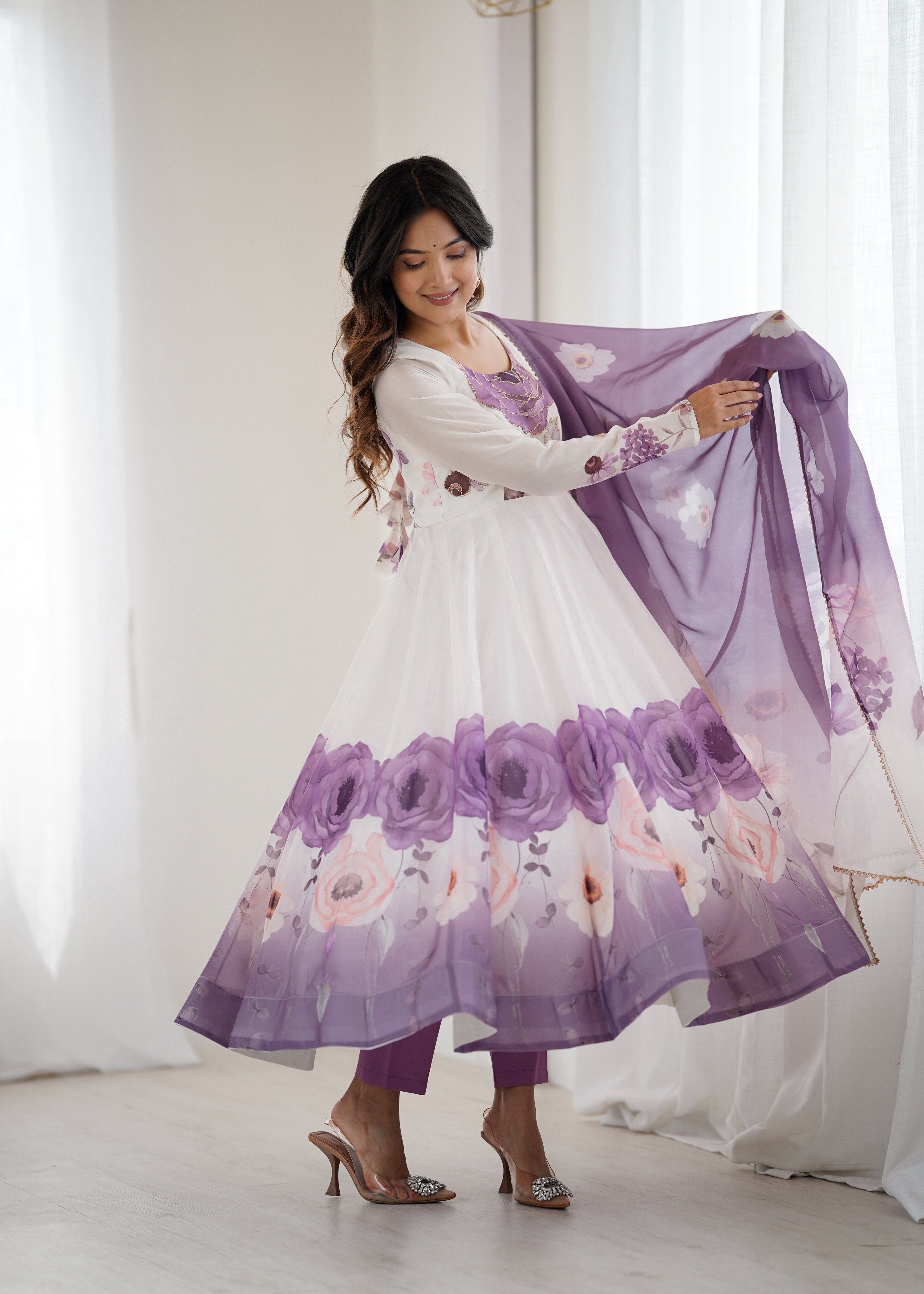 Lorenvalley Fashion Soft Organza Silk Front On Fancy Badla Jari Work Flower Position Print Outing Work Anarkali Kurta Pant With Dupatta Set | Grocsy