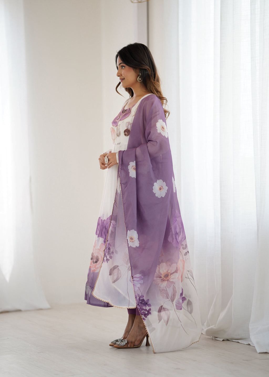 Lorenvalley Fashion Soft Organza Silk Front On Fancy Badla Jari Work Flower Position Print Outing Work Anarkali Kurta Pant With Dupatta Set | Grocsy