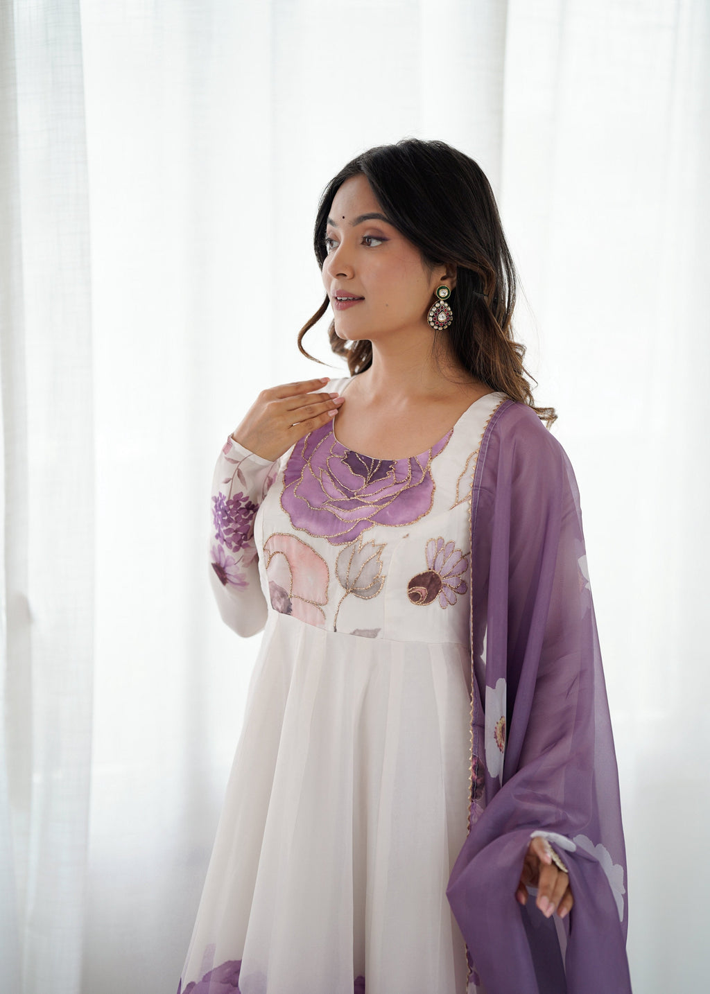 Lorenvalley Fashion Soft Organza Silk Front On Fancy Badla Jari Work Flower Position Print Outing Work Anarkali Kurta Pant With Dupatta Set | Grocsy