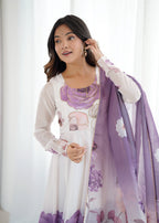 Lorenvalley Fashion Soft Organza Silk Front On Fancy Badla Jari Work Flower Position Print Outing Work Anarkali Kurta Pant With Dupatta Set | Grocsy