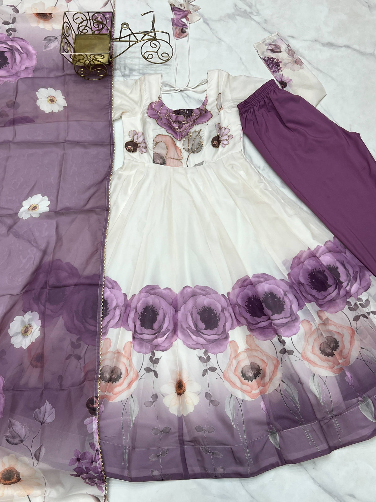 Lorenvalley Fashion Soft Organza Silk Front On Fancy Badla Jari Work Flower Position Print Outing Work Anarkali Kurta Pant With Dupatta Set | Grocsy