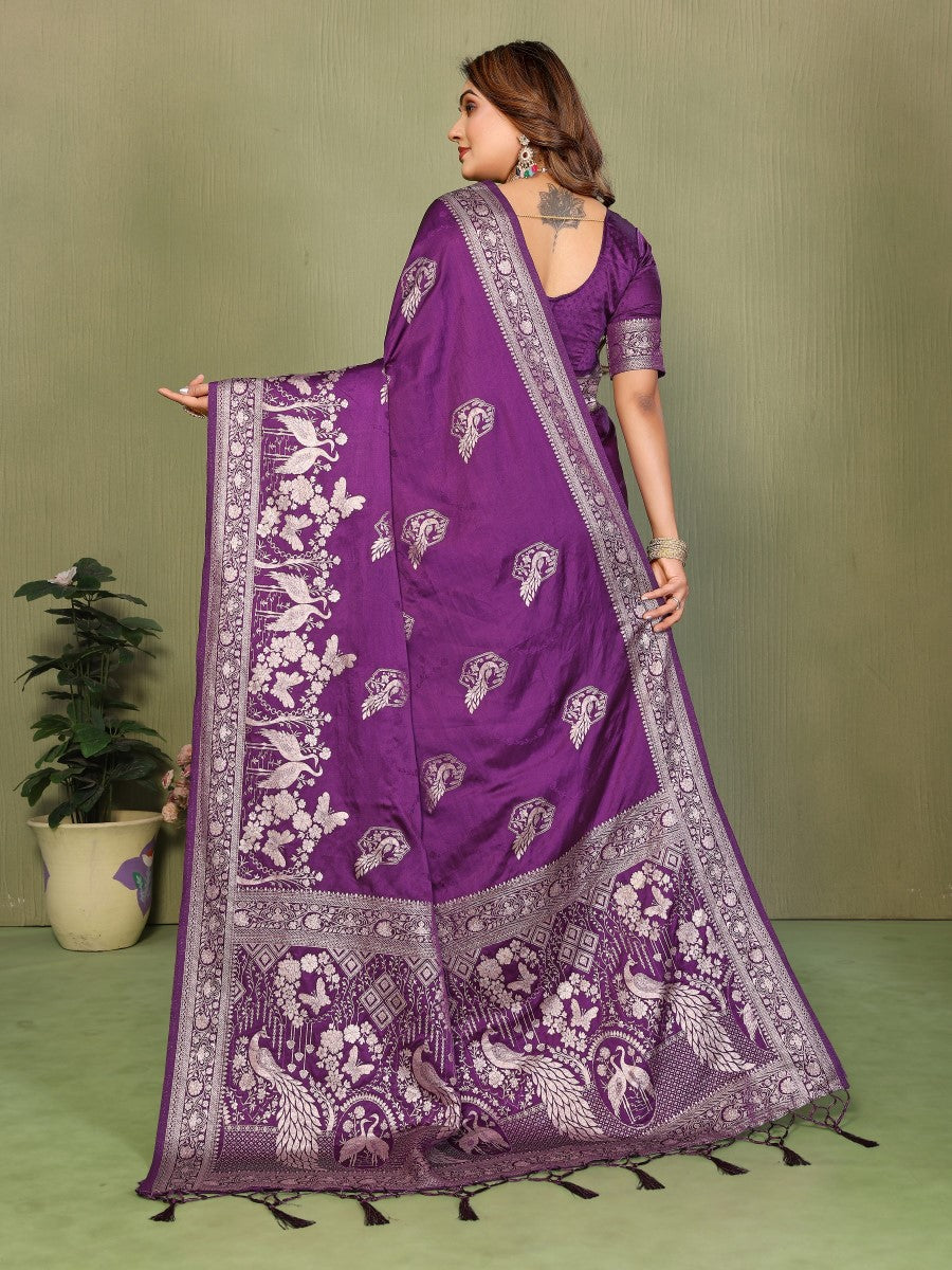 Anaita Violet Zari Butta Work Satin Silk Saree With Blouse | Grocsy