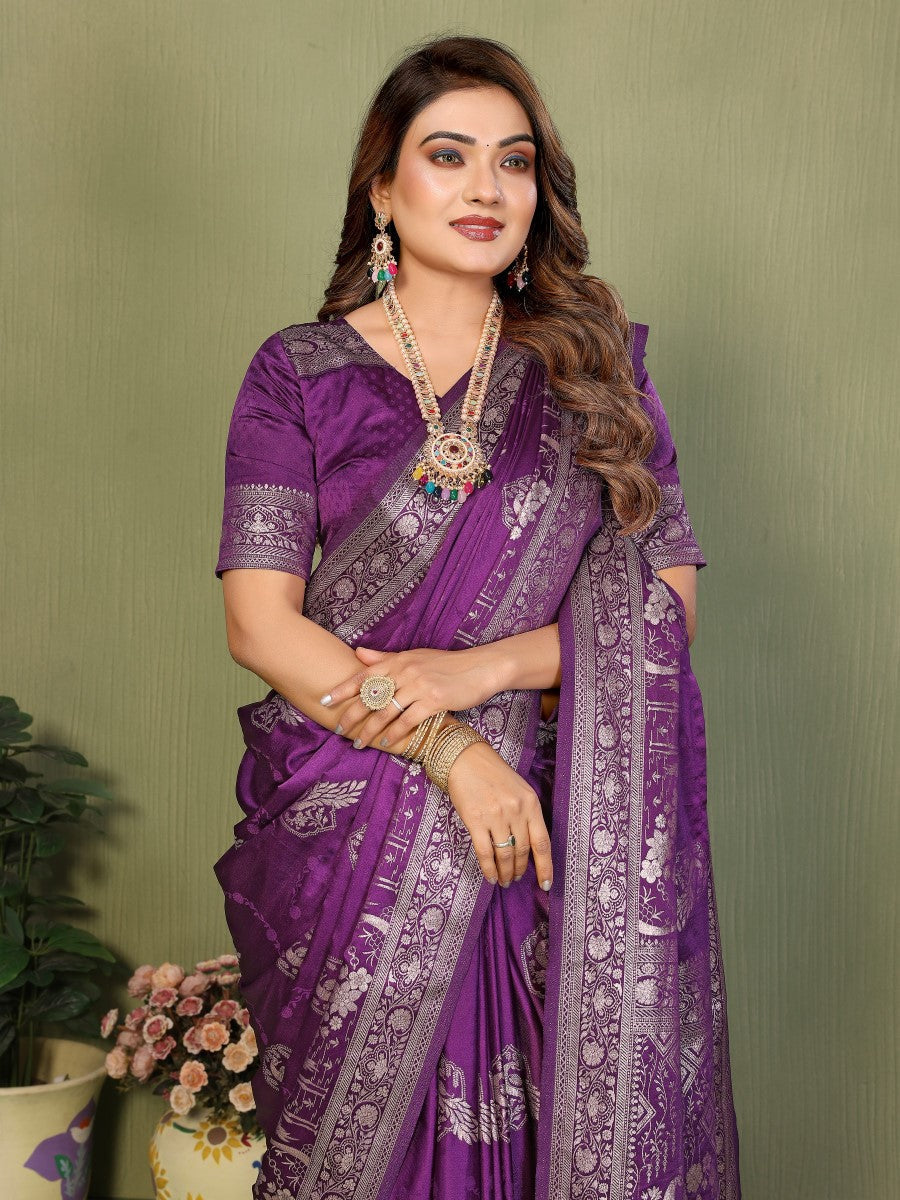 Anaita Violet Zari Butta Work Satin Silk Saree With Blouse | Grocsy
